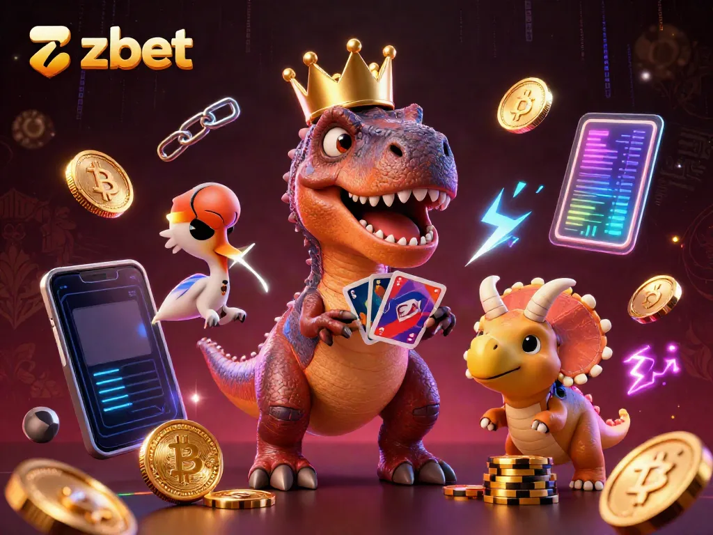 Zbet showcases a dynamic scene with a T-Rex shuffling cards and dinosaur characters stacking chips in a vibrant casino.