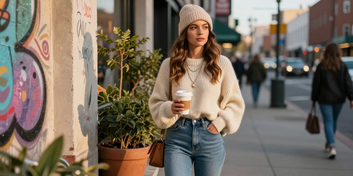 Fashionable urban scene featuring Kasselladi style with a cozy oversized sweater and a warm coffee.