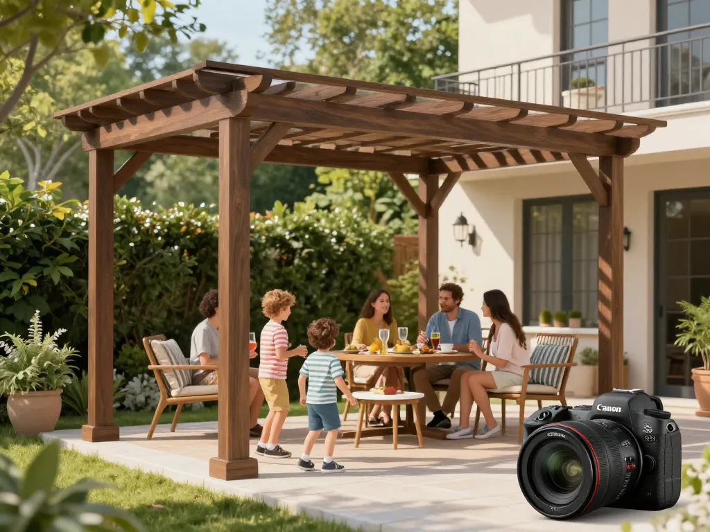 Familie genießt eine anpassbare Pergola, die mit dem Pergola Konfigurator 3D in einer lebhaften Außenumgebung entworfen wurde.