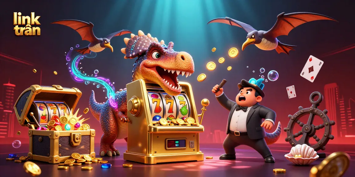 Experience jackpots with animated pachycephalosaurus and slot machines in this link trần-themed 3D scene.
