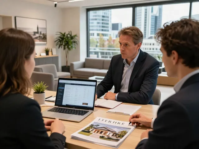 Der beste Immobilienmakler Frankfurt erklärt die Kaufangebote in einem modernen Showroom.