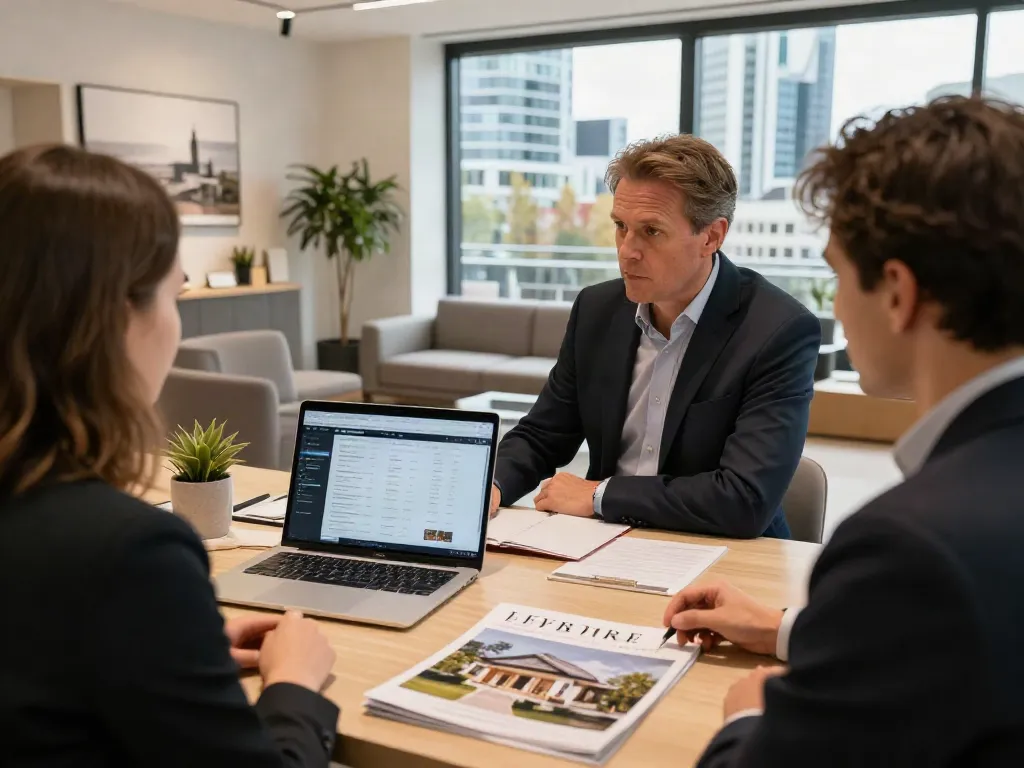 Der beste Immobilienmakler Frankfurt erklärt die Kaufangebote in einem modernen Showroom.
