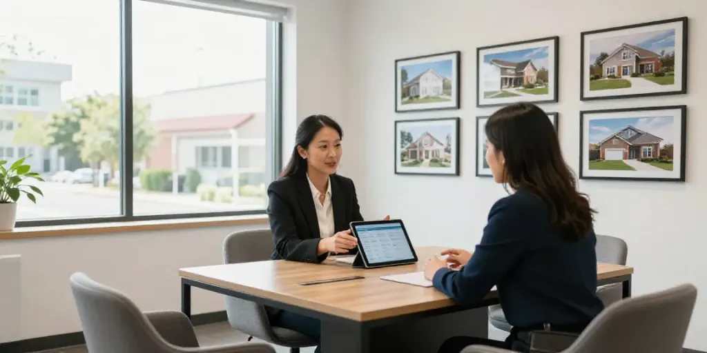 Immobilienmakler Kirchheim unter Teck: Moderne Immobilienvermittlung in einem eleganten Büro mit digitaler Technologie.