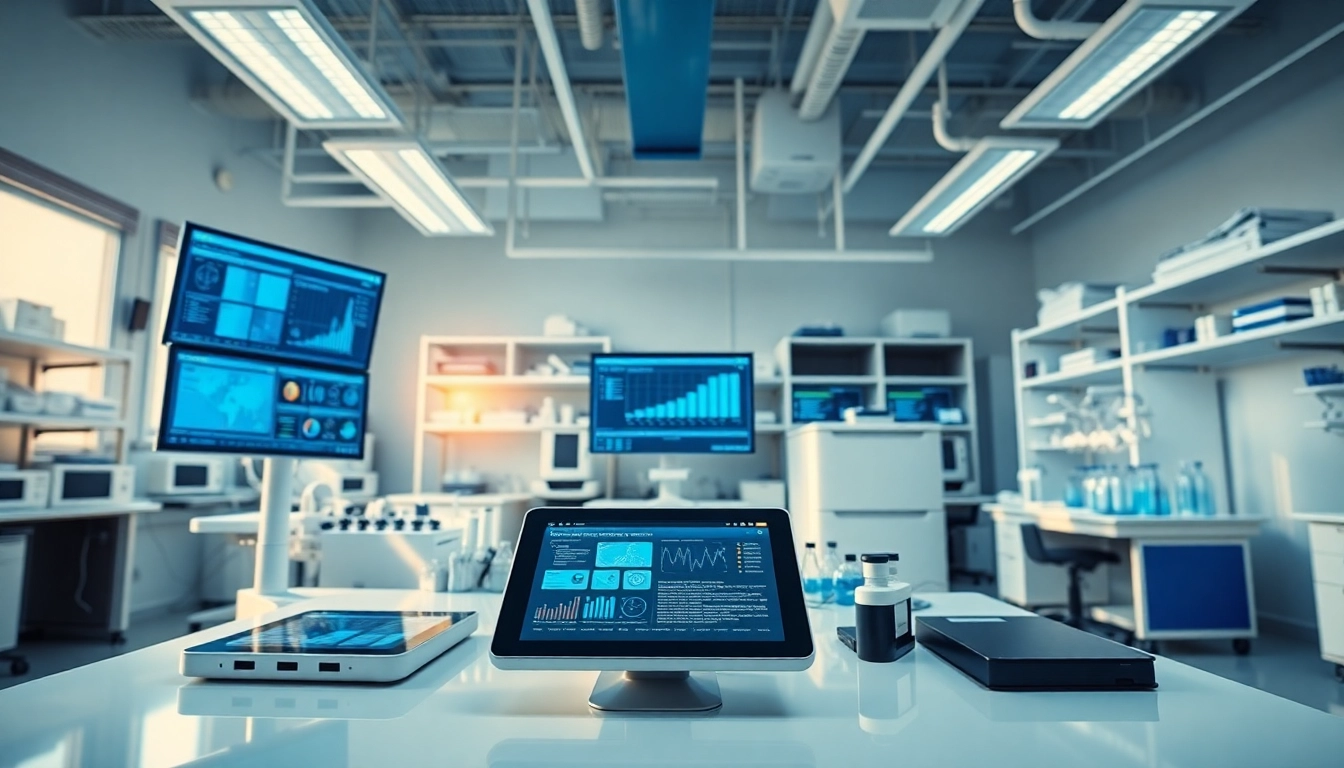 Die digitalen Loesungen werden in einem modernen Laborumfeld vorgestellt, das Geschwindigkeit und Praezision symbolisiert.