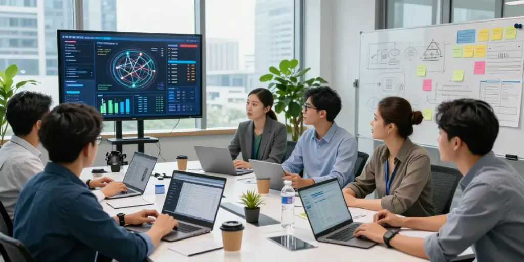 IT Dienstleister Frankfurt: IT-Team arbeitet zusammen an Projekten in modernem Besprechungsraum