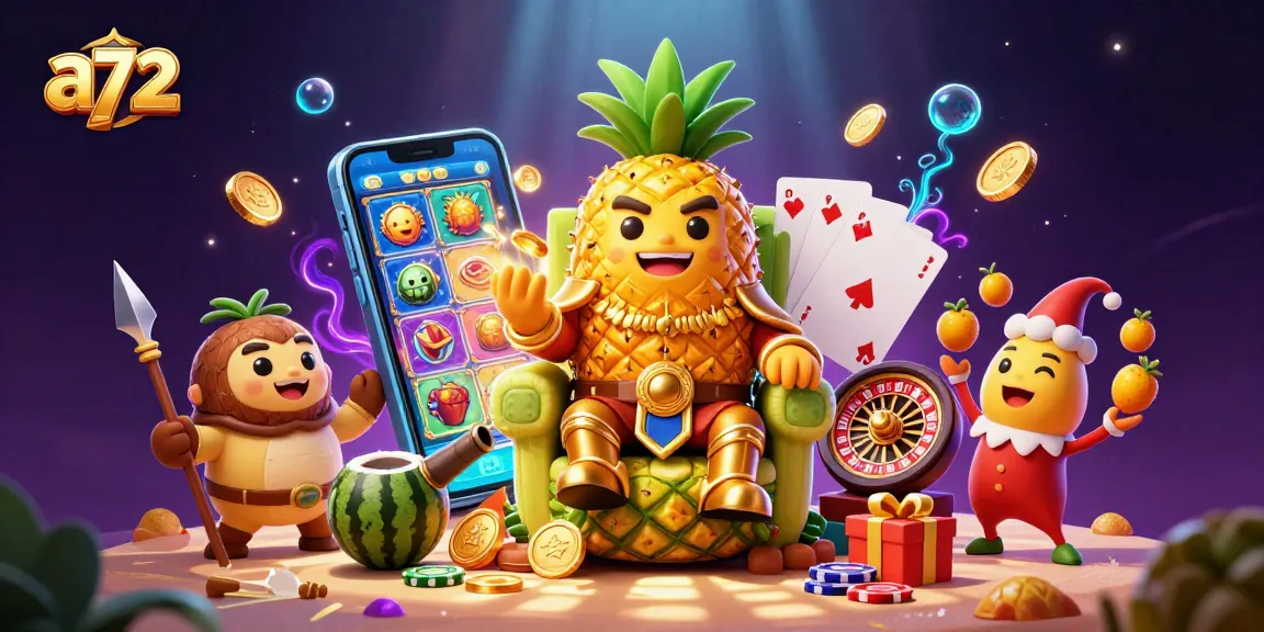 Engage with a72's vibrant 3D casino scene showcasing playful characters in a dynamic gaming atmosphere.