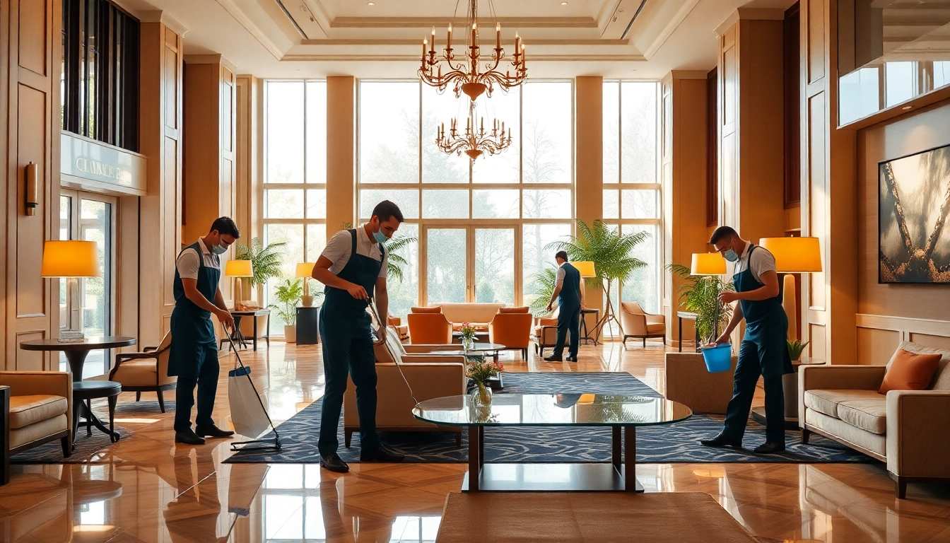 Effiziente hotelreinigung in einem luxuriösen Hotellobby zeigt engagierte Reinigungskräfte.