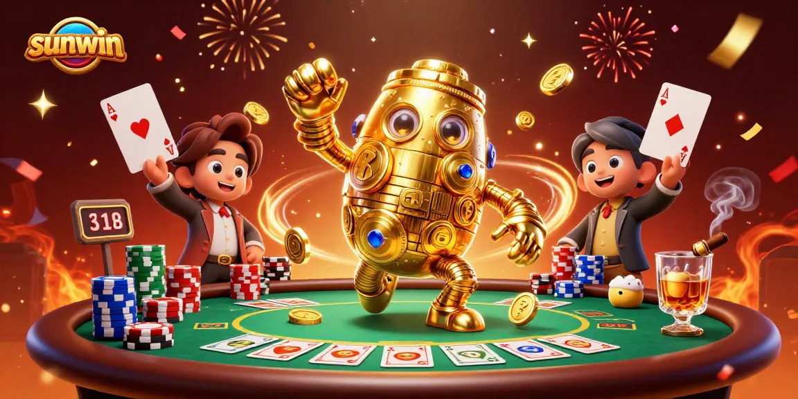 Engage in thrilling gameplay with sunwin's vibrant 3D casino scene featuring golden golems and poker elements.