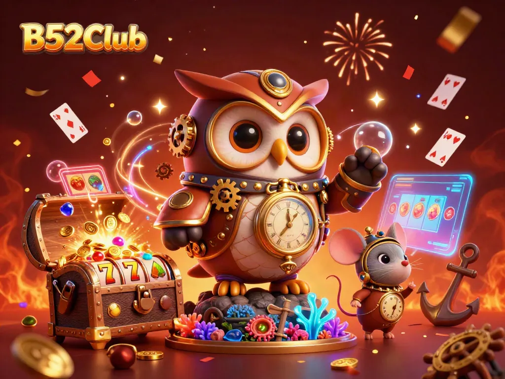 Engage in thrilling gameplay at B52Club with a whimsical casino scene featuring steampunk designs and vibrant visuals.