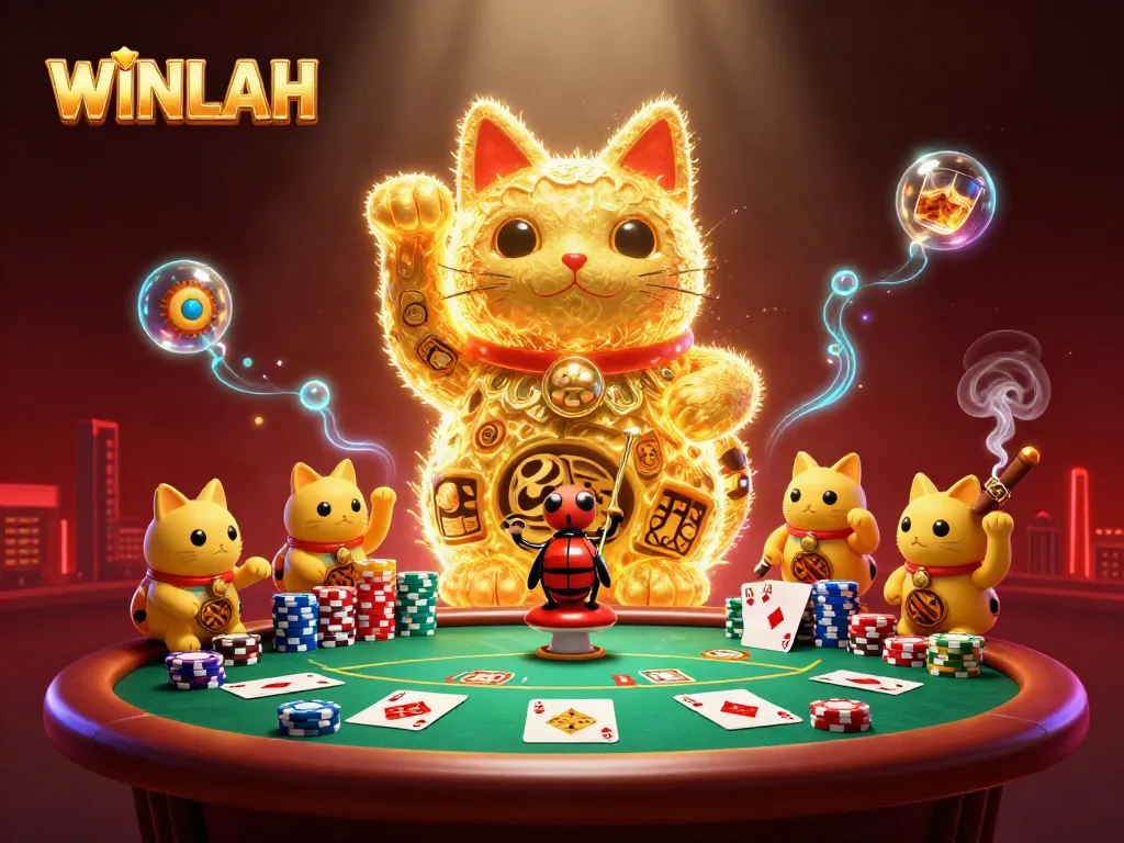 Experience WINLAH's vibrant casino atmosphere with a golden lucky cat and dynamic poker scene.
