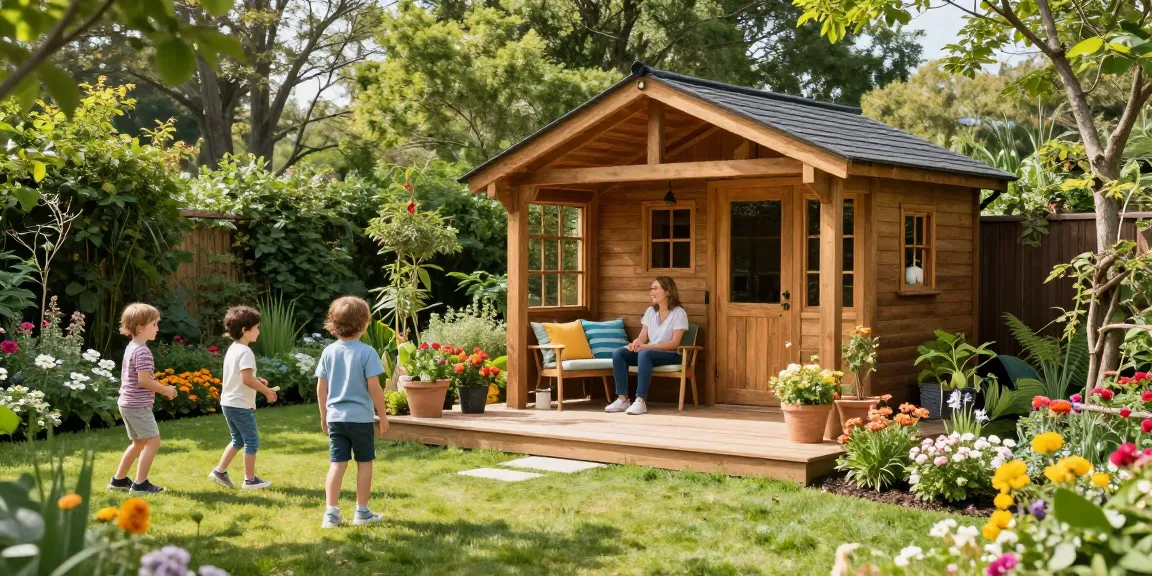 Stilvolles Gartenhaus von McGarden24 mit blühenden Blumen und spielenden Kindern im Garten.