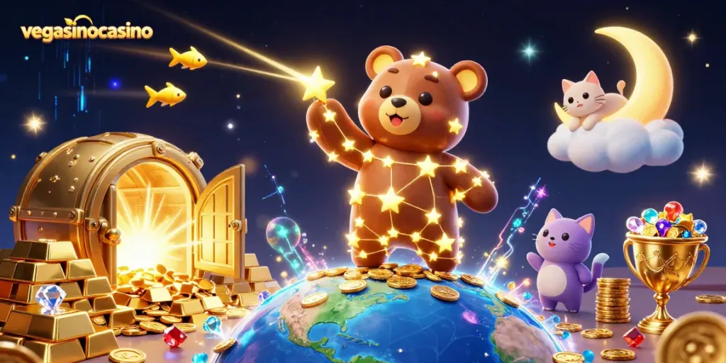 Engage with the captivating realm of vegasinocasino, where a constellation bear collects coins amidst dazzling treasures.