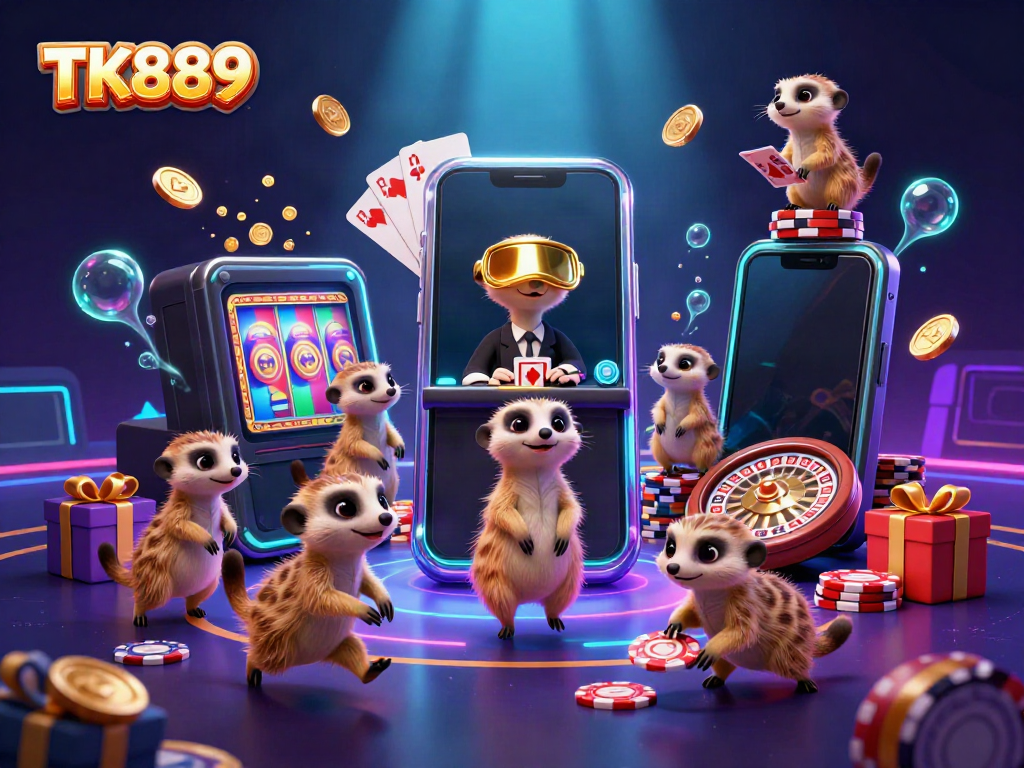 Experience the excitement of TK889 with meerkats running a lively casino, filled with colorful slot games and vibrant action.