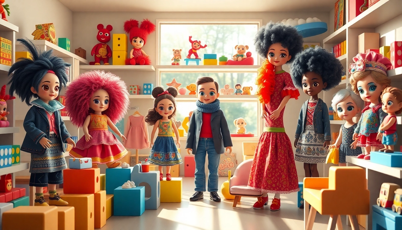 Gestalten von Gutdolls in einem lebhaften Spielzeuggeschäft mit bunten Farben.
