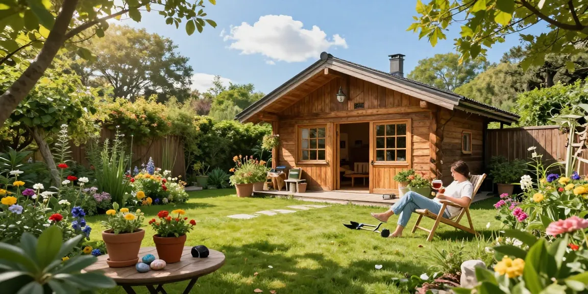 Ein Garten Haus umgeben von blühenden Pflanzen und einer gemütlichen Sitzecke im Freien.