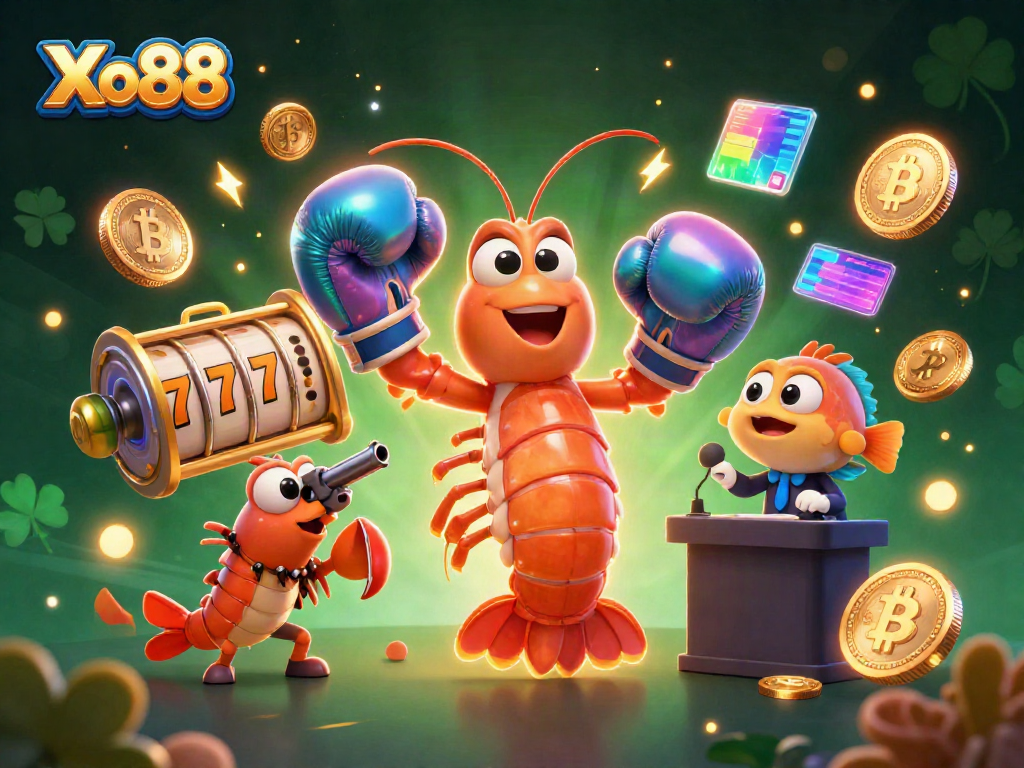 Xo88 showcases a vibrant 3D casino scene featuring a powerful mantis shrimp, illustrating exhilarating gambling action.