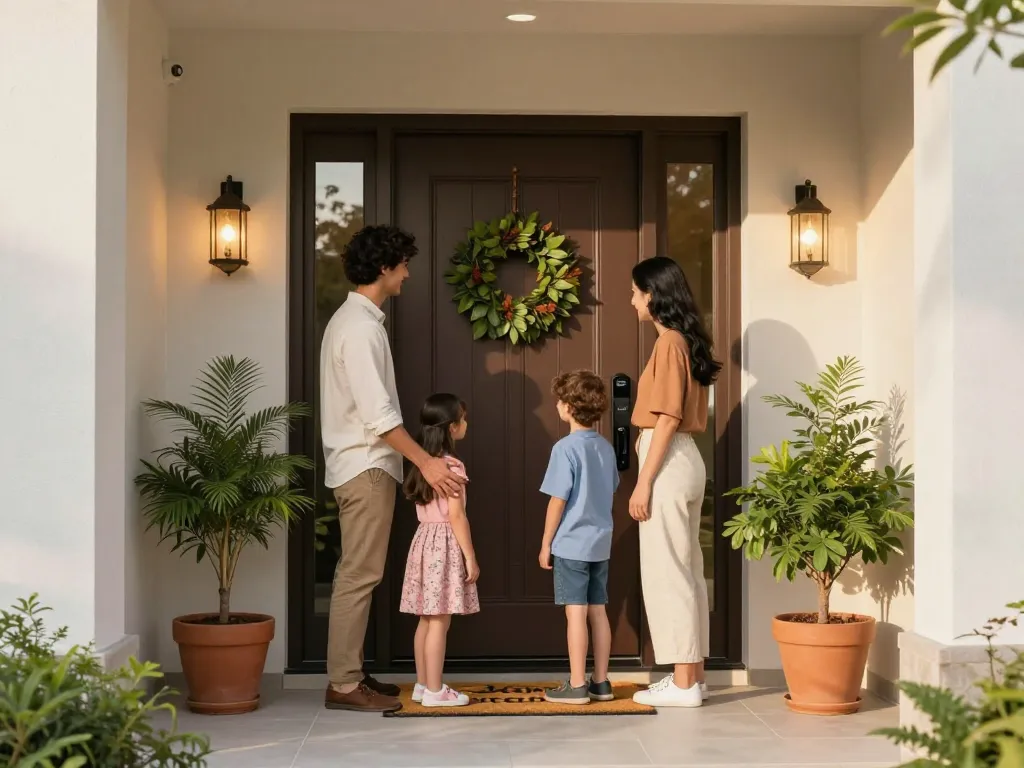 Moderne haustür mit Familie, die Gäste willkommen heißt, warme Atmosphäre, einladendes Zuhause.