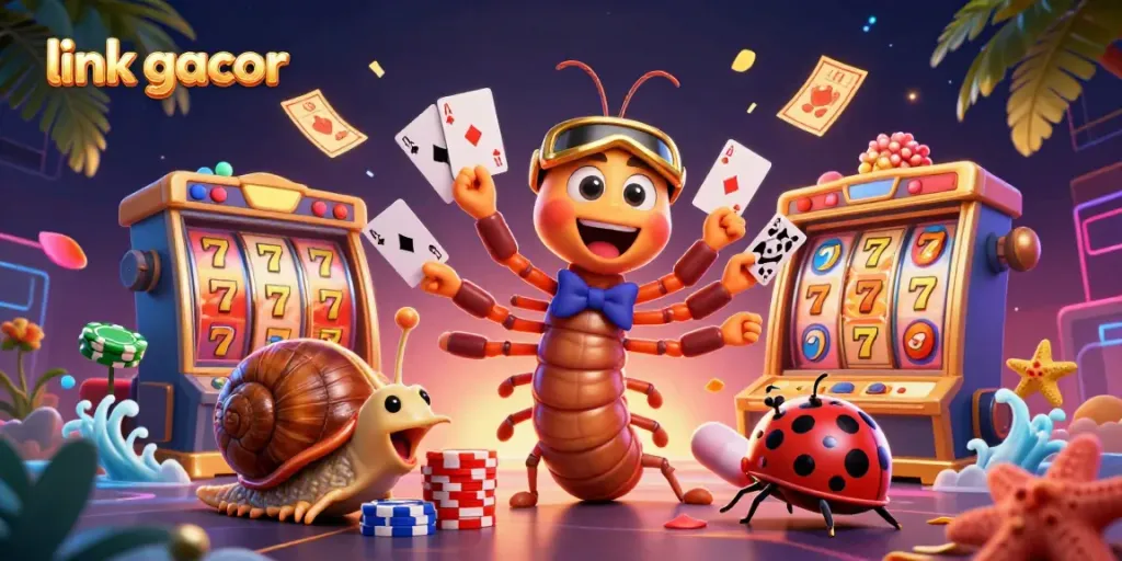 Engage with link gacor in a vibrant casino scene with dynamic characters and colorful elements.