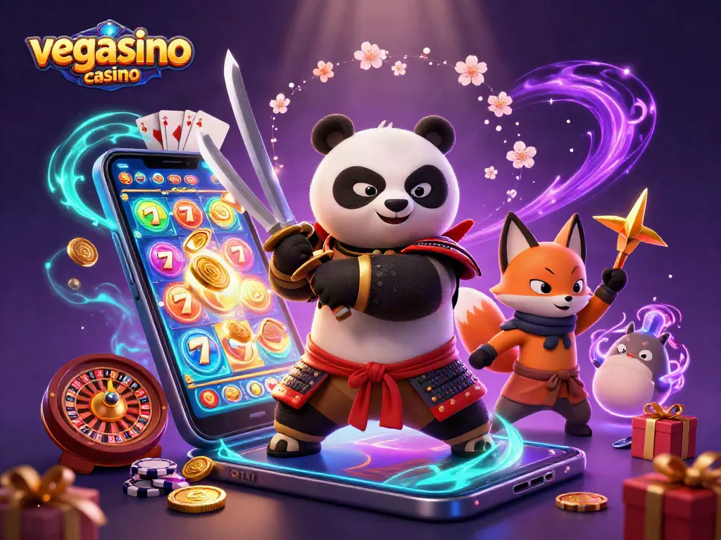 Engage with exciting games at vegasino casino, showcasing vibrant casino action featuring a cartoon panda.
