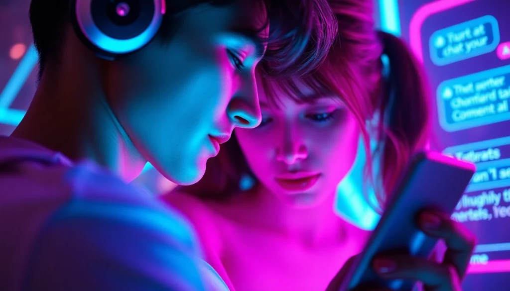 Engaging in ai sexting through a futuristic chatbot interface, showcasing vibrant colors and digital interaction.