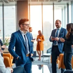Headhunter Schweiz engagiert Kandidaten in einem modernen Büro, unterstreicht professionelle Chancen.