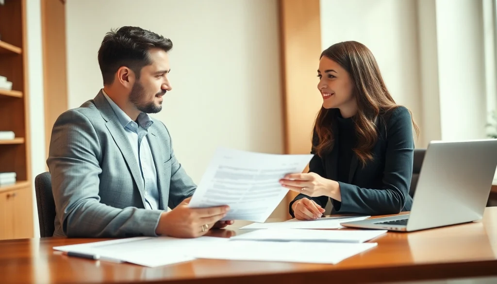 Headhunter Schweiz berät in einem eleganten Büro mit professionellem Ambiente mit Unterlagen.