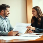 Headhunter Schweiz berät in einem eleganten Büro mit professionellem Ambiente mit Unterlagen.