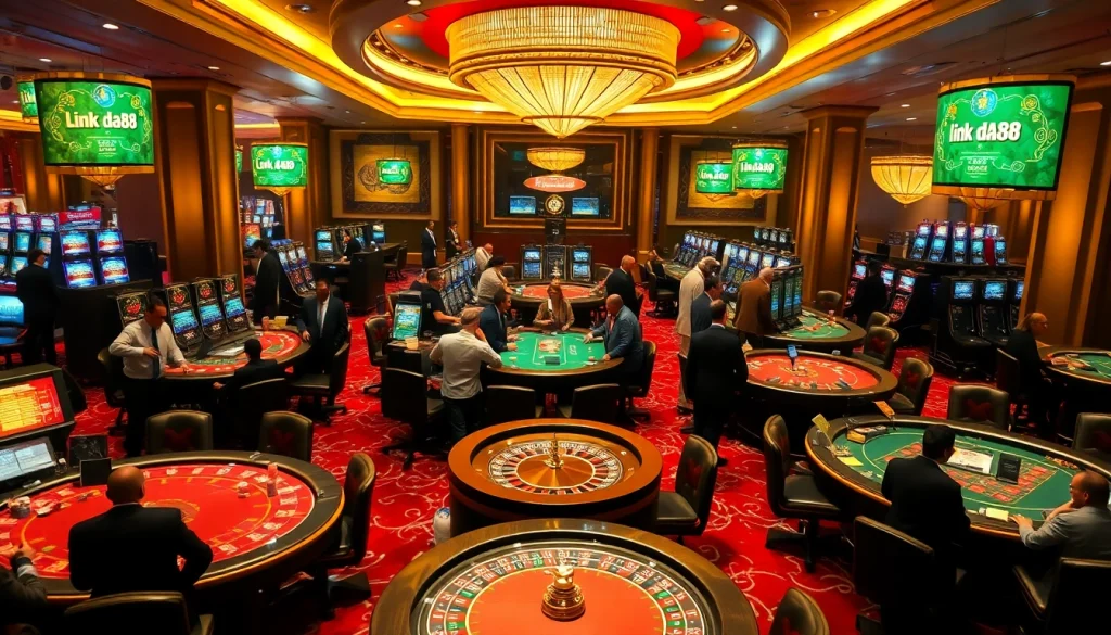 Experience the thrill of link da88 in this luxurious casino scene filled with vibrant gaming elements.