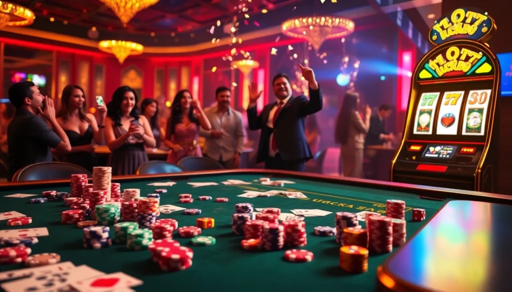 Betting at a luxurious lucky88 casino table with vibrant poker chips and slot machine excitement.