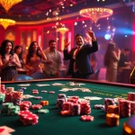 Betting at a luxurious lucky88 casino table with vibrant poker chips and slot machine excitement.