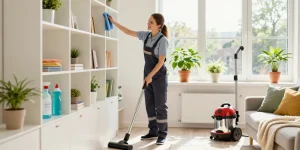 Expert cleaner performing wohnungsendreinigung bern in a bright living room with natural light.