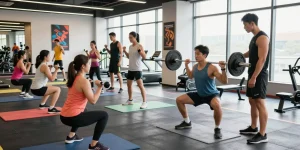 Aktive Szene im Astera Shop mit Fitnessbegeisterten im modernen Fitnessstudio.