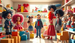 Gestalten von Gutdolls in einem lebhaften Spielzeuggeschäft mit bunten Farben.