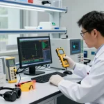bester Strahlungsdetektor in professionellem Labor, Techniker misst ionisierende Strahlung mit Geigerzähler.