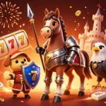 Win big with OK9 at an exciting casino adventure featuring a knight, puppy, and falcon.