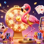 Experience Go88's thrilling gaming action with vibrant flamingo host and bulldog contestant at the prize wheel.