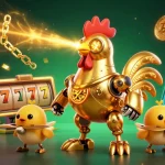 Erleben Sie Zoccer Casino Freispiele mit einem futuristischen Huhn und digitalen Glückselementen.