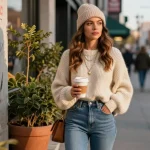 Fashionable urban scene featuring Kasselladi style with a cozy oversized sweater and a warm coffee.