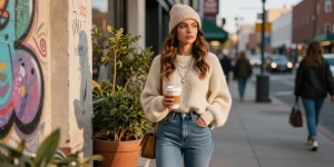 Fashionable urban scene featuring Kasselladi style with a cozy oversized sweater and a warm coffee.