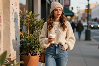 Fashionable urban scene featuring Kasselladi style with a cozy oversized sweater and a warm coffee.